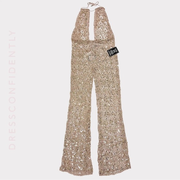 RETROFÊTE Tosca Sequin Crochet Jumpsuit - Rose Gold - Picture 7 of 12
